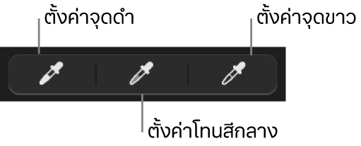 หลอดดูดสีสามหลอดที่ใช้เพื่อตั้งจุดดำ โทนสีกลาง และจุดขาวของรูปภาพหรือวิดีโอ