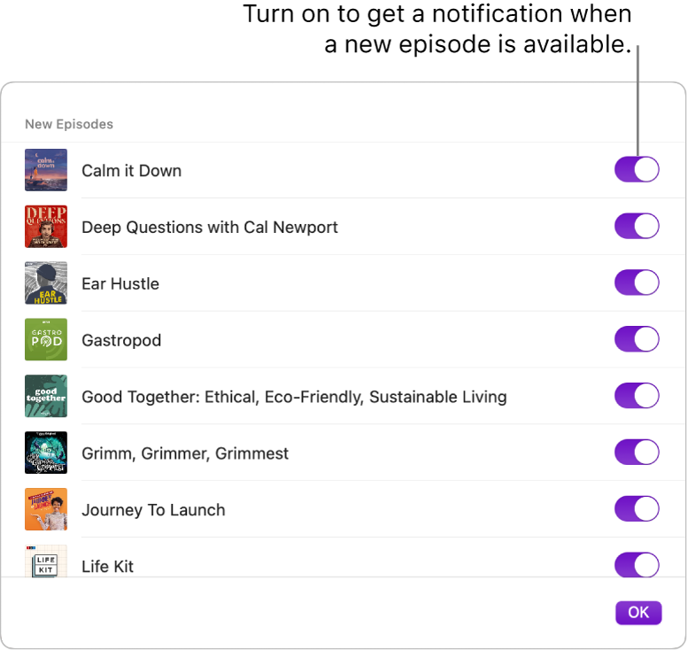 The Notifications options. Click the switch to get a notification when a new episode is available.