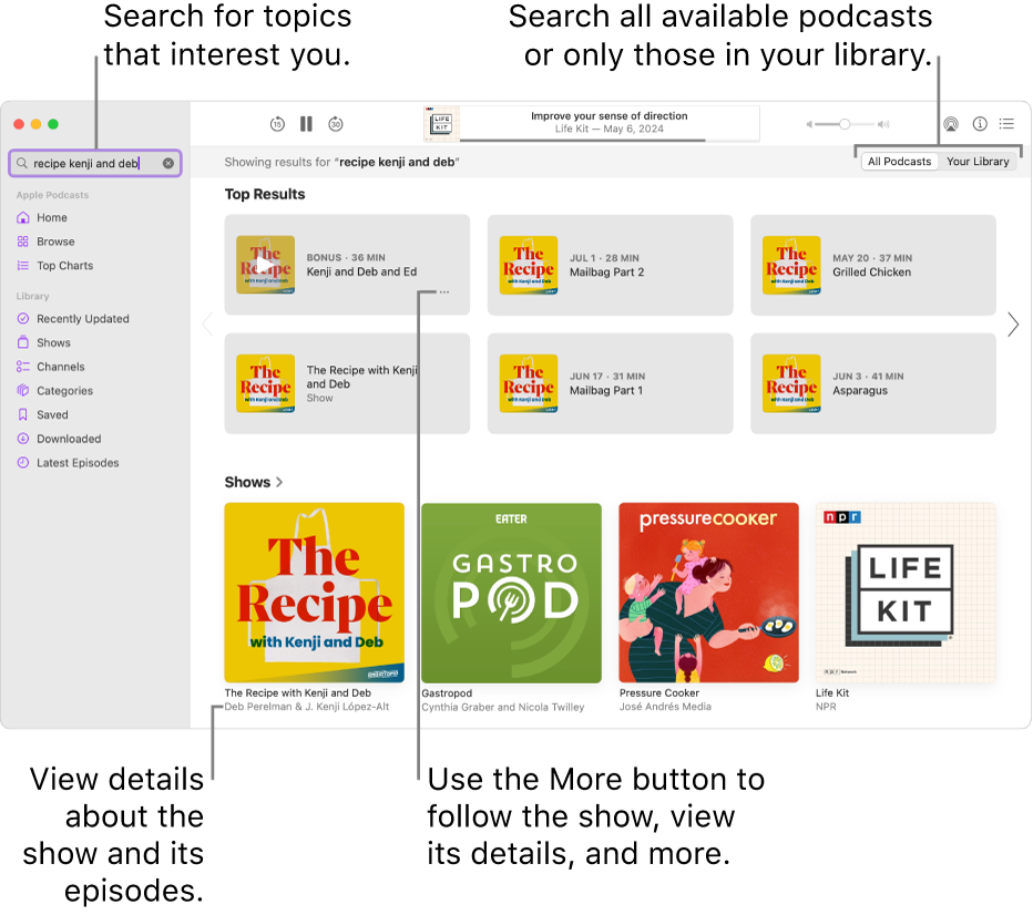 The Podcasts window showing text entered in the search field in the top-left corner, and episodes and shows matching the search of all podcasts in the screen to the right. Click the link below the show to view details about the show and its episodes. Use the show’s More button to follow the show, change its settings, and more.