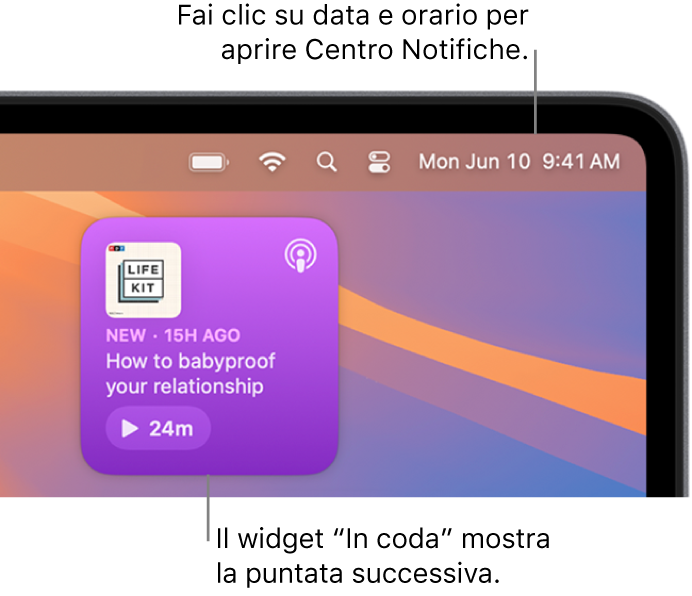 Il widget “In coda” di Podcast mostra una puntata in pausa. Fai clic su data e ora nella barra dei menu per aprire Centro Notifiche e personalizzare i widget.