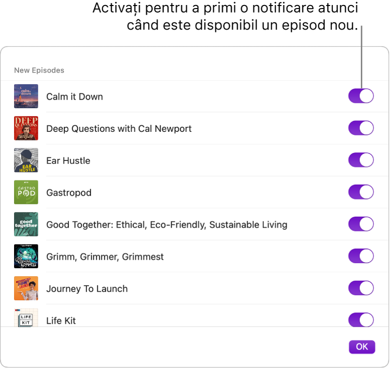 Opțiunile Notificări. Faceți clic pe comutator pentru a primi o notificare atunci când este disponibil un episod nou.