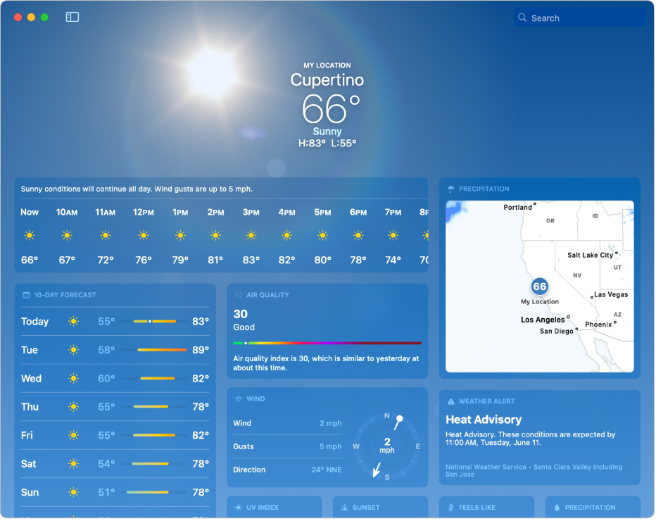 The Weather window showing the current temperature and conditions, the high and low temperatures for the day, the hourly forecast, several days of the 10-day forecast, and a precipitation map.