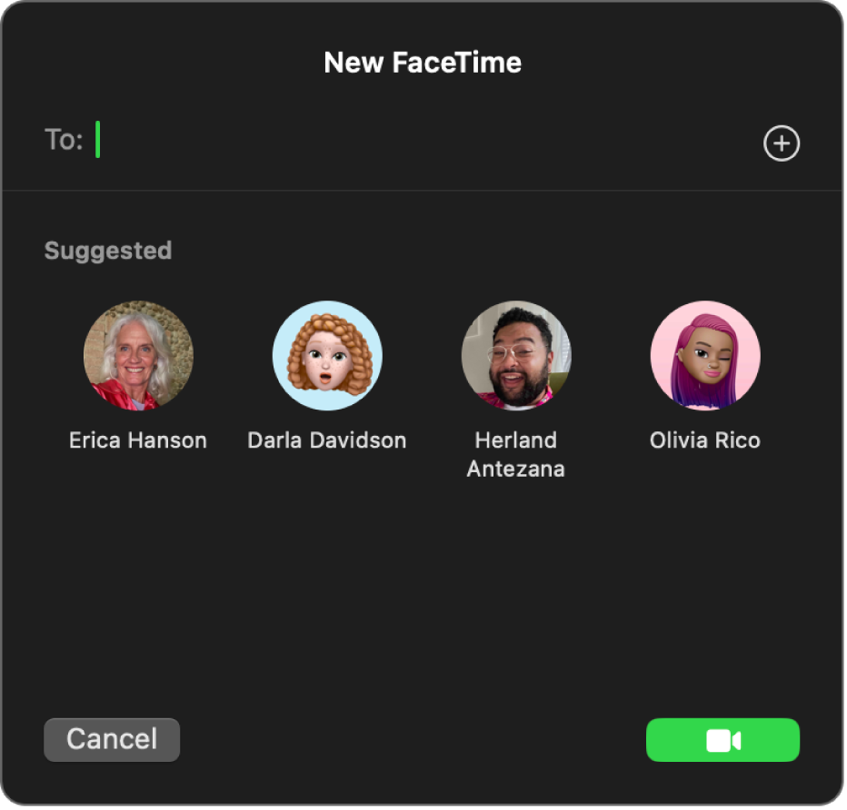 Jendela FaceTime Baru—masukkan pemanggil secara langsung ke bidang Kepada atau pilih dari Disarankan.