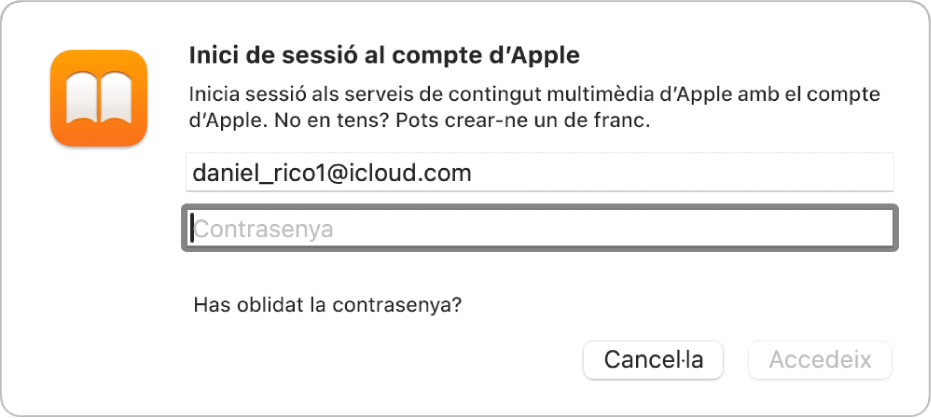 Quadre de diàleg “Inicia sessió al compte d’Apple” de l’app Llibres.
