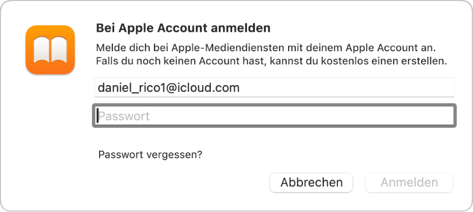 Der Dialog „Bei deinem Apple Account anmelden“ in „Bücher“.