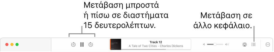 Το πρόγραμμα αναπαραγωγής ηχοβιβλίων στα Βιβλία εμφανίζει, από τα αριστερά προς τα δεξιά, το κουμπί «Ταχύτητα αναπαραγωγής», τα κουμπιά «Μετάβαση μπροστά», «Παύση» και «Μετάβαση πίσω», τον τίτλο και τον συγγραφέα του ηχοβιβλίου που αναπαράγεται, το ρυθμιστικό Έντασης ήχου, το κουμπί «AirPlay», το κουμπί «Πίνακας περιεχομένων» και το κουμπί «Περισσότερα».