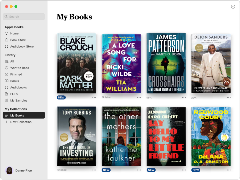 A Books app window showing My Books selected in the sidebar, and the collection of custom-picked books on the right.