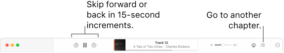 The audiobook player in Apple Books showing, from left to right, the Playback Speed button, the Skip Forward, Pause, and Skip Back buttons, the title and author of the currently playing audiobook, the Volume slider, the AirPlay button, the Table of Contents button, and the More button.