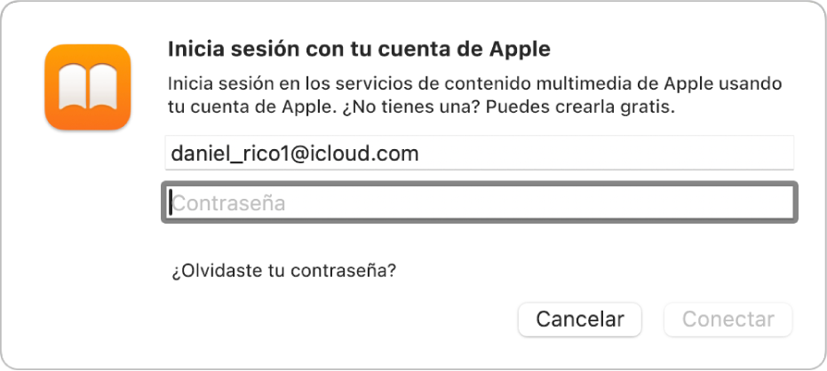 El cuadro de diálogo Iniciar sesión con tu cuenta de Apple en Libros.