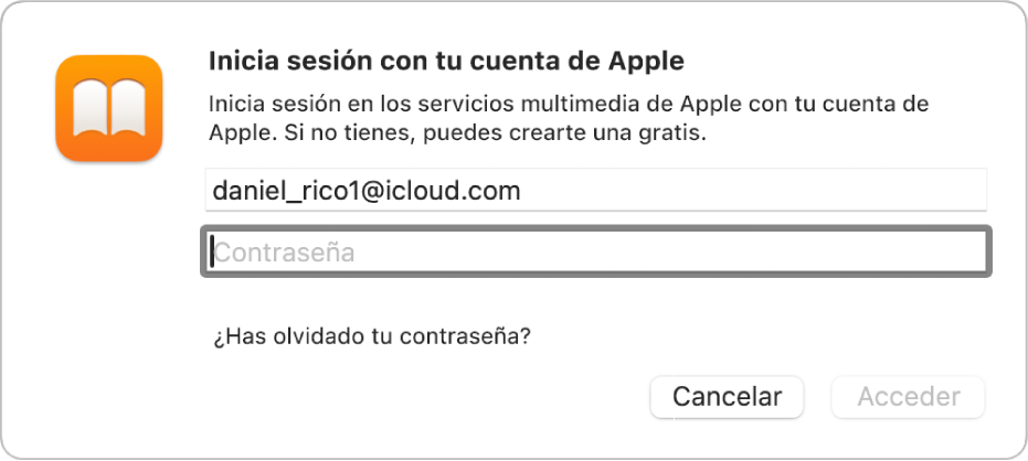 El cuadro de diálogo “Inicia sesión en tu cuenta de Apple” en Libros.