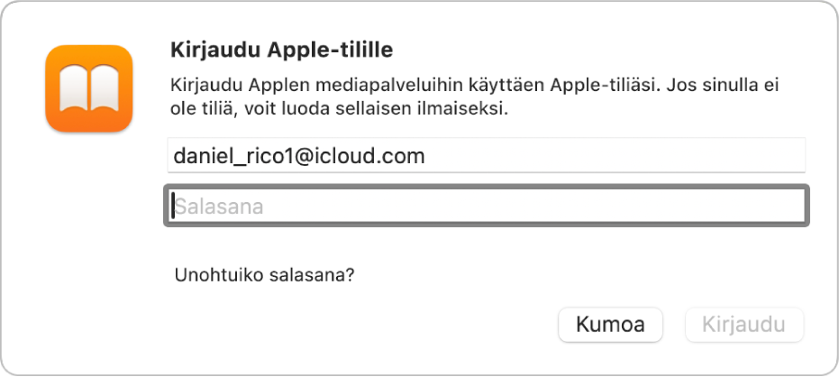 ”Kirjaudu Apple-tilille” -valintaikkuna Kirjat-apissa.