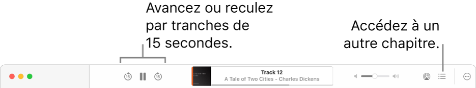 Le lecteur de livre audio dans Apple Books qui affiche, de gauche à droite, le bouton Vitesse de lecture, les boutons Saut vers l’avant, Pause et Saut vers l’arrière, le titre et l’auteur du livre audio en cours de lecture, le curseur de volume, le bouton AirPlay, le bouton Table des matières et le bouton Plus.