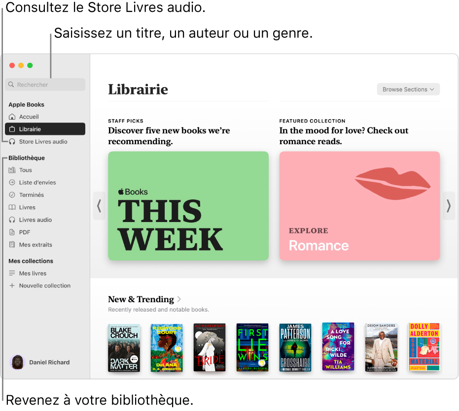 La fenêtre principale de la librairie. La barre latérale se trouve à gauche. Le champ de recherche, qui vous permet de rechercher des livres et livres audio, se trouve dans la partie supérieure de la barre latérale.