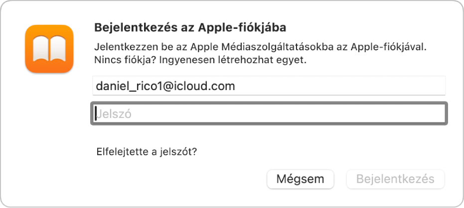 A „Bejelentkezés az Apple-fiókjába” párbeszédpanel a Könyvekben.