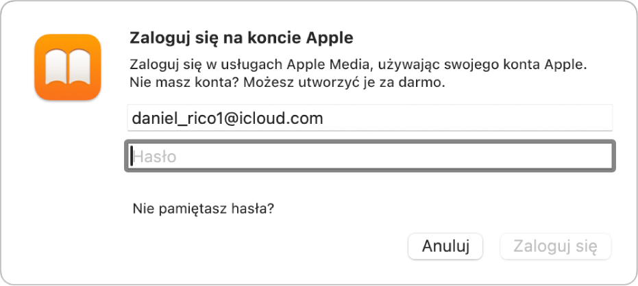 Okno dialogowe „Zaloguj się na koncie Apple” w aplikacji Książki.