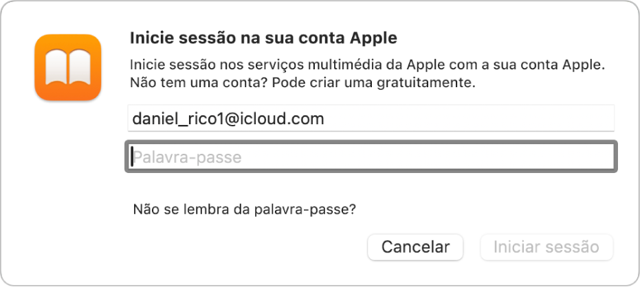 A caixa de diálogo “Iniciar sessão na conta Apple” na aplicação Livros