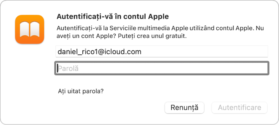 Dialogul “Autentificați‑vă în contul dvs. Apple” din Cărți.