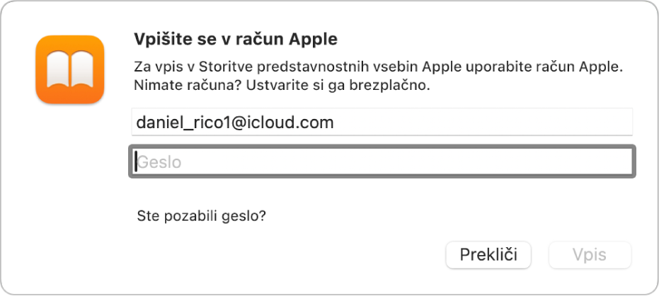 Pogovorno okno »Vpis v račun Apple« v Knjigah.