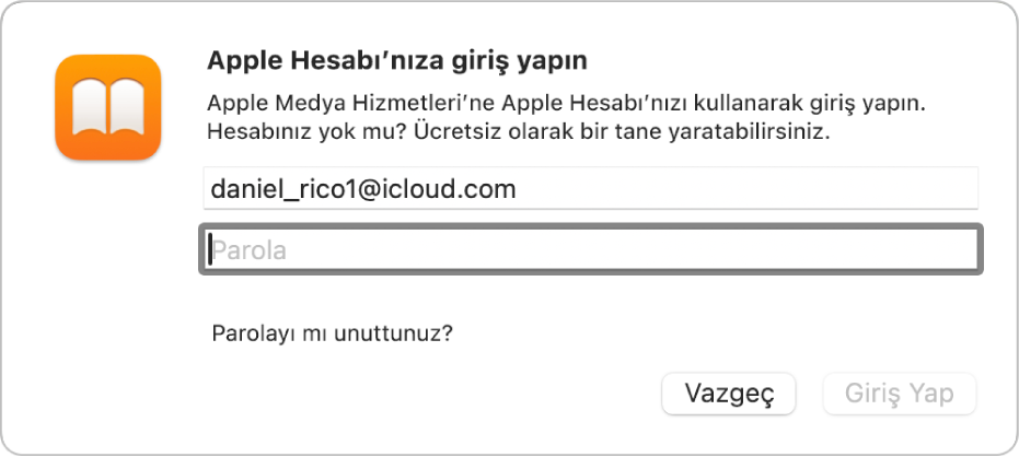 Kitaplar’daki “Apple Hesabı’nıza giriş yapın” sorgu kutusu.