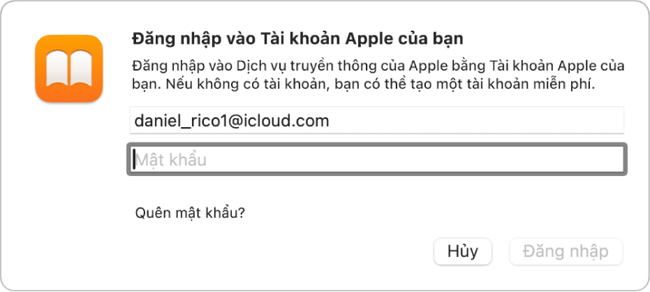 Hộp thoại “Đăng nhập vào Tài khoản Apple của bạn” trong ứng dụng Sách.