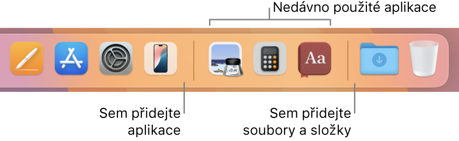 Pravá strana Docku; jsou vidět dělicí čáry před a za oddílem naposledy použitých aplikací