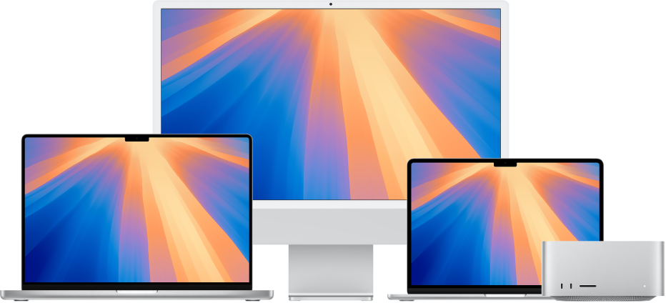 From left to right, a MacBook Pro, iMac and MacBook Air with colourful desktops. A Mac Studio is on the far right.