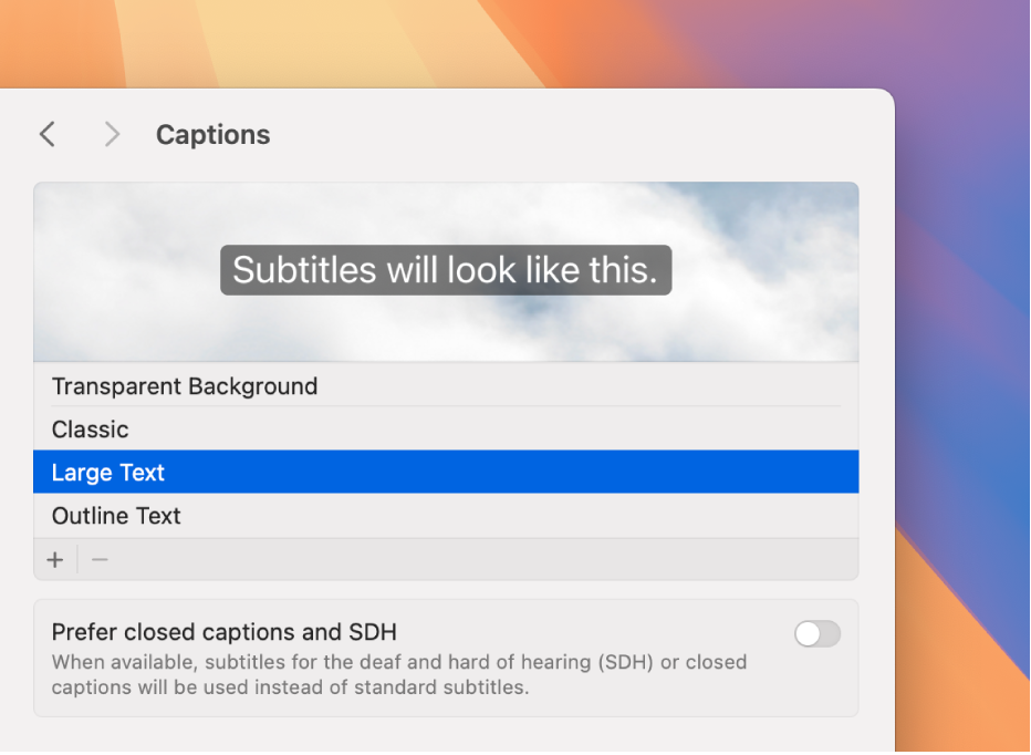 The Captions settings window, showing an example of large text subtitles.