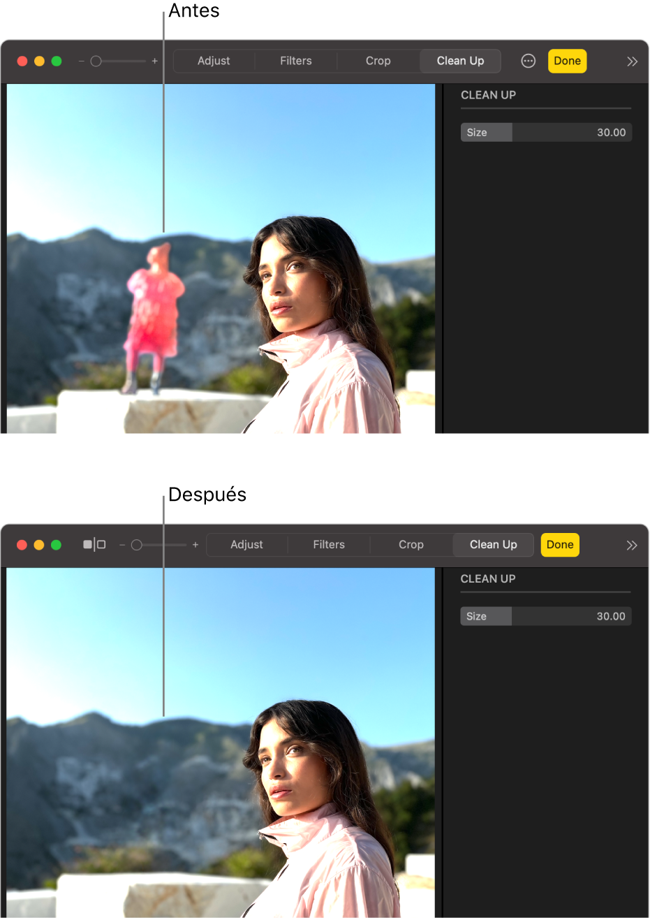 Una foto mostrando a una persona en el fondo y la misma foto después de usar Retocar con la misma persona, pero sin el fondo.