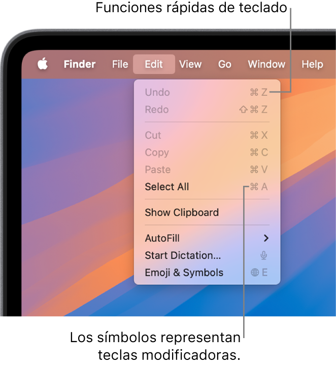 El menú Edición está abierto en el Finder, y los elementos del menú tienen funciones rápidas de teclado a un lado.