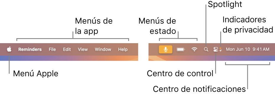 La barra de menús. A la izquierda se encuentran el menú Apple y los menús de las apps. A la derecha están los menús de estado, Spotlight, el centro de control, los indicadores de privacidad y el centro de notificaciones.