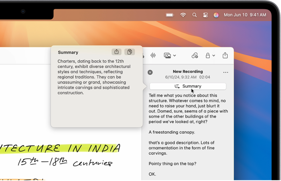 Fenêtre de l’app Notes sur un Mac qui affiche un enregistrement audio dans le corps de la note. À droite, un résumé de la transcription est affiché.