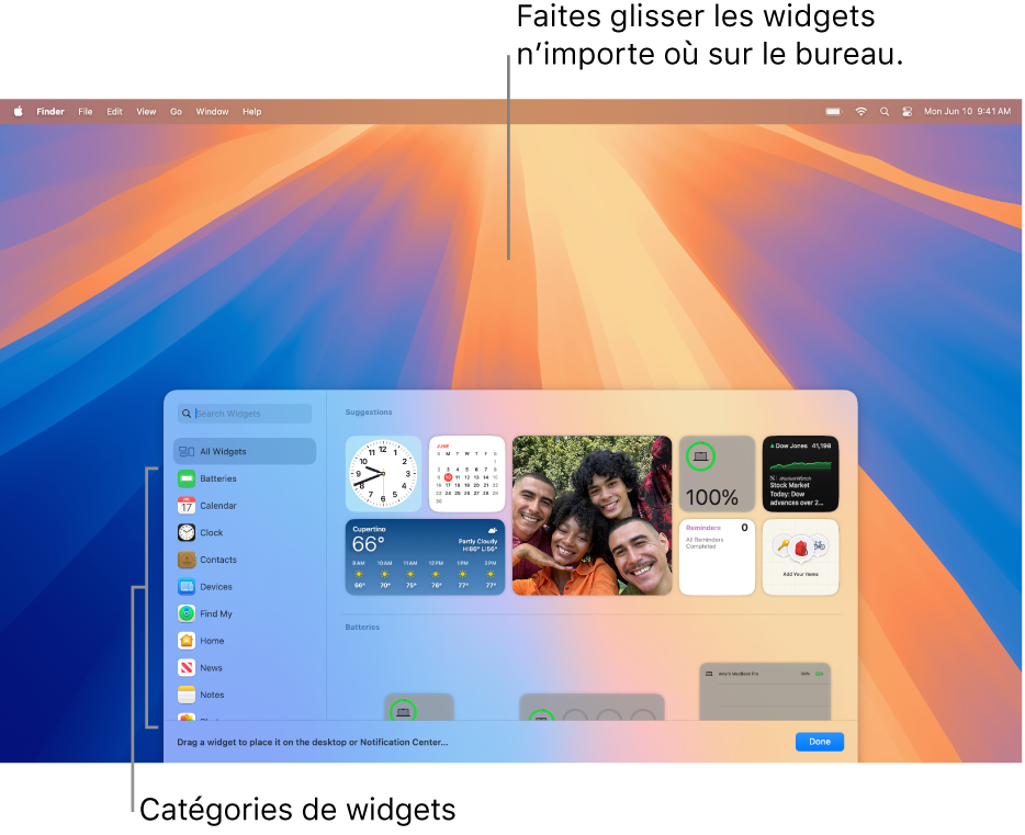 La galerie de widgets qui affiche la liste de catégories de widgets à gauche et les widgets disponibles à droite.