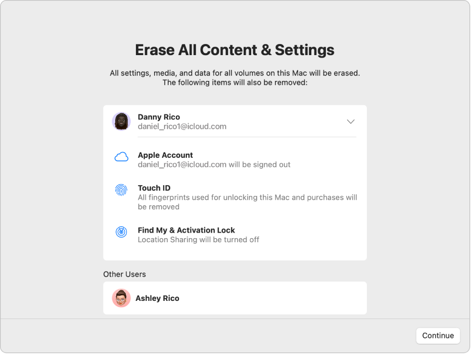 Het venster 'Wis alle inhoud en instellingen' van Wisassistent, met extra onderdelen die worden gewist, waaronder alle vingerafdrukken die worden gebruikt om de Mac te ontgrendelen en aankopen te doen.