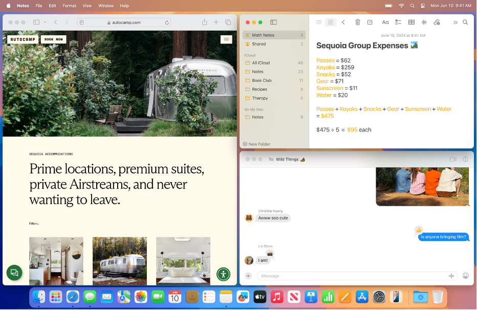 На рабочем столе Mac отображаются три приложения в виде окон-плиток: окно Safari на половине экрана, окно Заметок в правом верхнем углу и окно Сообщений в правом нижнем углу.