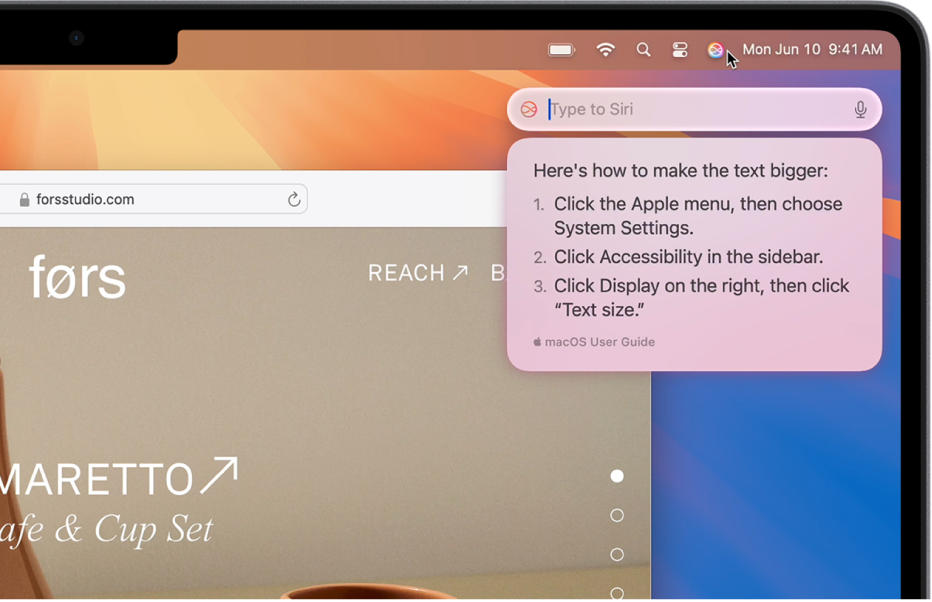Mac 桌面的右上方部份，選單列中顯示 Siri 圖像，且「輸入以使用 Siri」欄位顯示 Siri 提供如何放大文字的步驟。