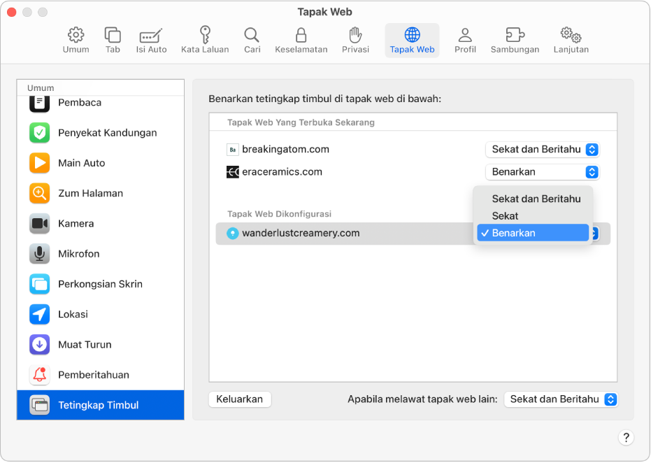 Pilihan Tetingkap Timbul untuk seting Safari, dengan Benarkan dipilih bagi tapak web yang dikonfigurasi.