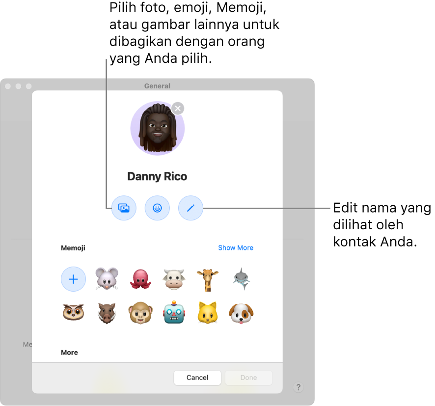 Dialog Berbagi Nama dan Foto, menampilkan pilihan untuk mengedit nama yang dilihat kontak Anda serta memilih foto, emoji, Memoji, atau gambar lainnya.