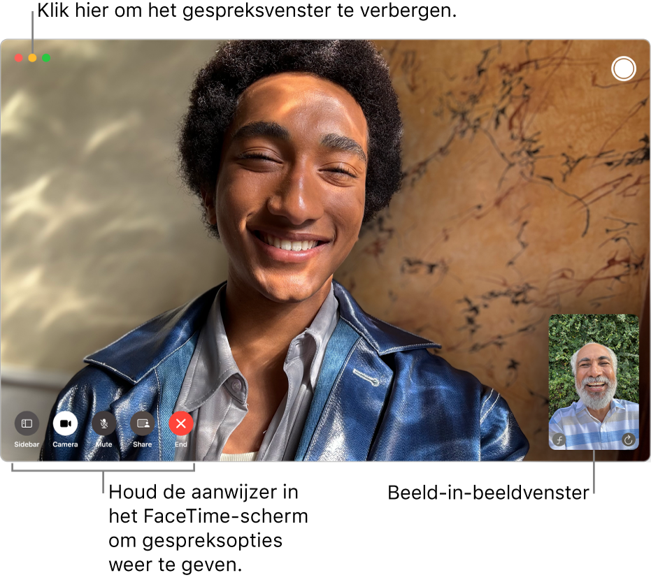 Een actief FaceTime-videogesprek. Het beeld-in-beeldvenster wordt rechtsboven weergegeven en de opties voor een FaceTime-gesprek bevinden zich linksonderin.