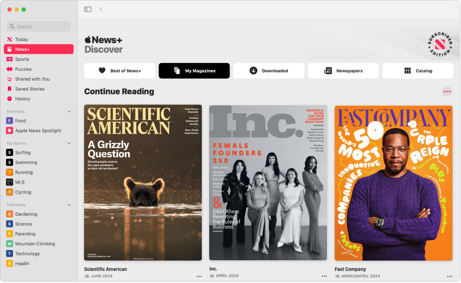 The Apple News window showing News+ selected in the sidebar. In the Apple News+ feed on the right, the collection My Magazines is selected. Below the title Continue Reading, three magazine issues appear in a grid.