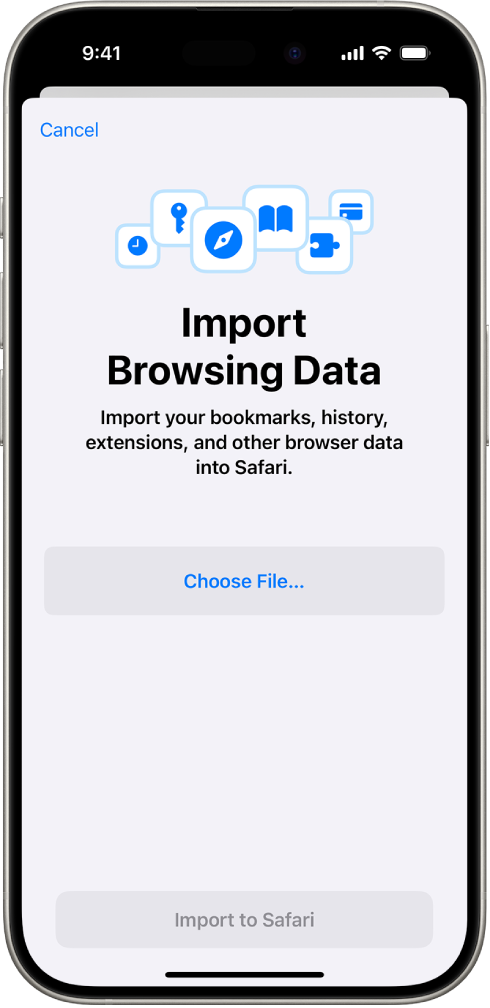 The Import Browsing Data screen, showing the data from another browser to be imported into Safari.