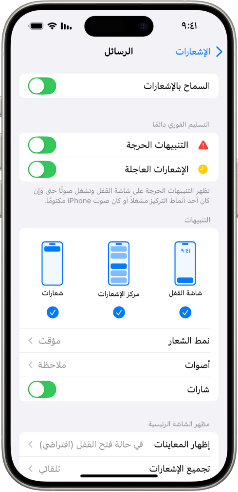 iPhone يعرض إعدادات الرسائل للإشعارات والتنبيهات.