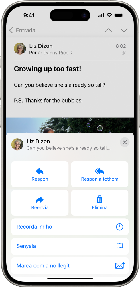 Un correu electrònic que mostra les opcions de resposta. Al mig de la pantalla, d’esquerra a dreta, hi ha les opcions “Respon”, “Respon a tothom”, “Reenvia” i “Elimina”.