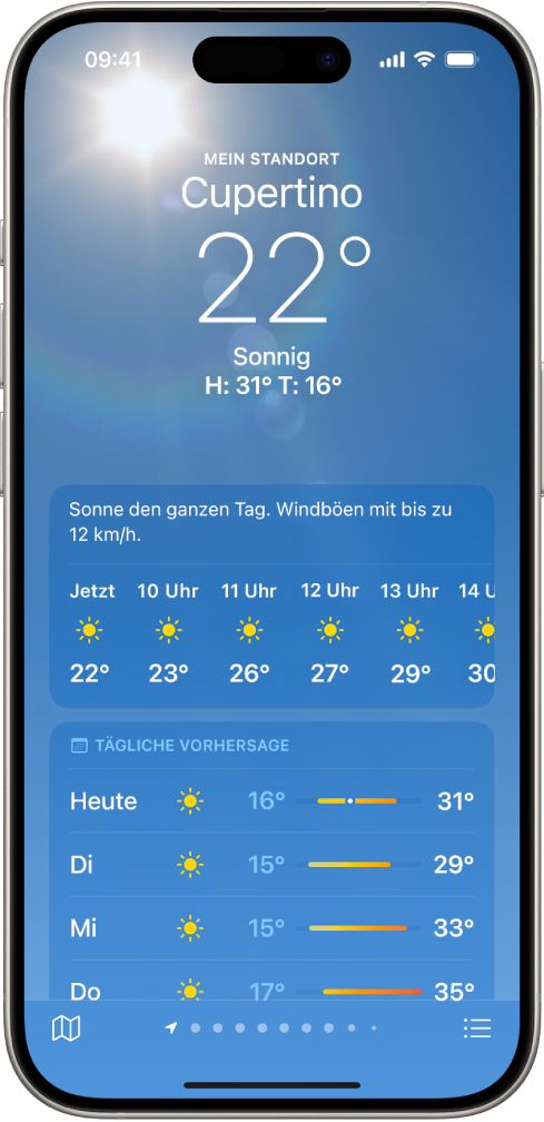 Auf dem Bildschirm „Wetter“ ist von oben nach unten Folgendes zu sehen: der Ort, die aktuelle Temperatur, die Höchst- und Tiefsttemperatur des Tages, die stündliche Vorhersage und die 10-Tage-Vorhersage. Die Anzahl der Punkte am unteren Bildschirmrand zeigt die Anzahl der Orte in der Ortsliste. Unten rechts befindet sich die Taste „Ortsliste“ und unten links ist die Taste „Karte einblenden“.