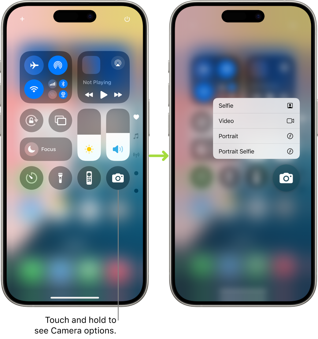 Two Control Center screens side by side—the one on the left shows controls for Airplane Mode, cellular data, Wi-Fi, and Bluetooth in the top-left group. The Camera icon is shown at the bottom right. The screen on the right shows more options in the quick actions menu for Camera: Selfie, Video, Portrait, and Portrait Selfie.