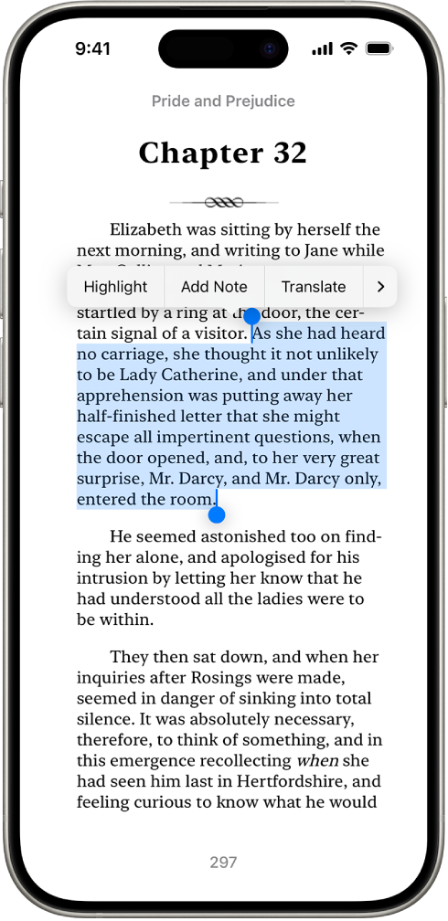 A page of a book in the Books app, with a portion of the page’s text selected. The Highlight, Add Note, and Translate controls are above the selected text.