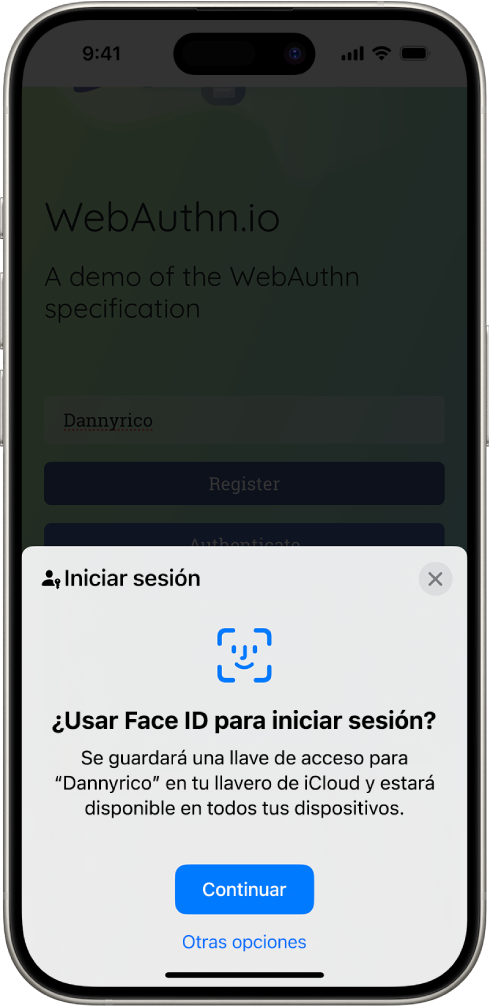 La mitad inferior de la pantalla del iPhone ofreciendo la opción de usar una llave de acceso para iniciar sesión en un sitio web. Se muestra el botón Continuar para guardar la llave, y un botón llamado Otras opciones.