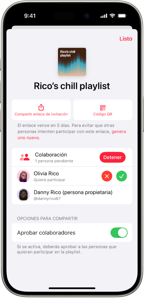 La pantalla Administrar colaboración en la app Música.