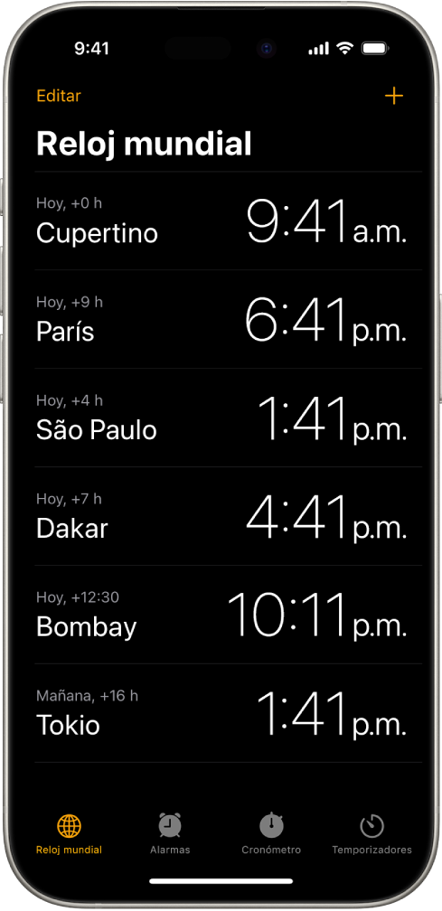 La pestaña Reloj mundial mostrando la hora en varias ciudades. El botón Editar cerca de la esquina superior izquierda te permite reordenar o eliminar relojes. El botón Agregar cerca de la esquina superior derecha te permite agregar más relojes. Los botones Reloj mundial, Alarma, Cronómetro y Temporizadores están en la parte inferior.