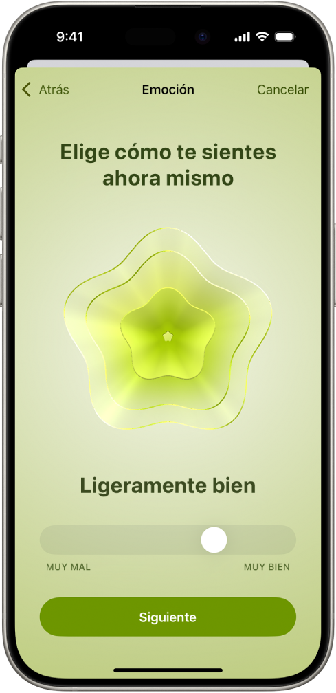 Una pantalla de la app Salud que indica que el estado de ánimo del momento es Un poquito bien. En la parte inferior de la pantalla hay un regulador para ajustar el nivel de la emoción.