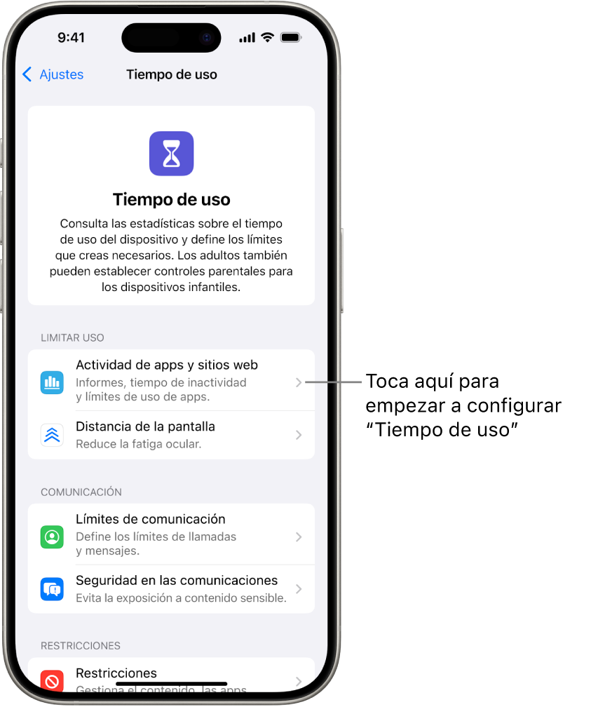 Pantalla para configurar “Tiempo de uso” con el botón “Actividad de apps y sitios web”.